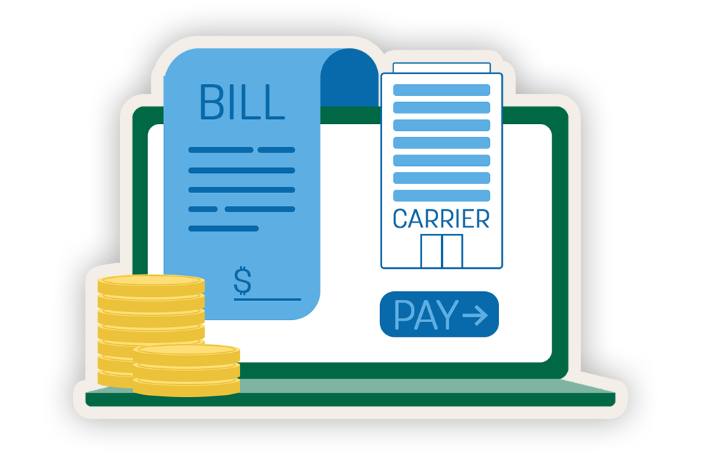 illustrated laptop with coins on top of it and a bill with a building illustration and a pay button