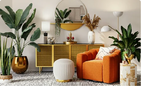A beautifully styled modern living room with an orange armchair, green plants, and a gold credenza.